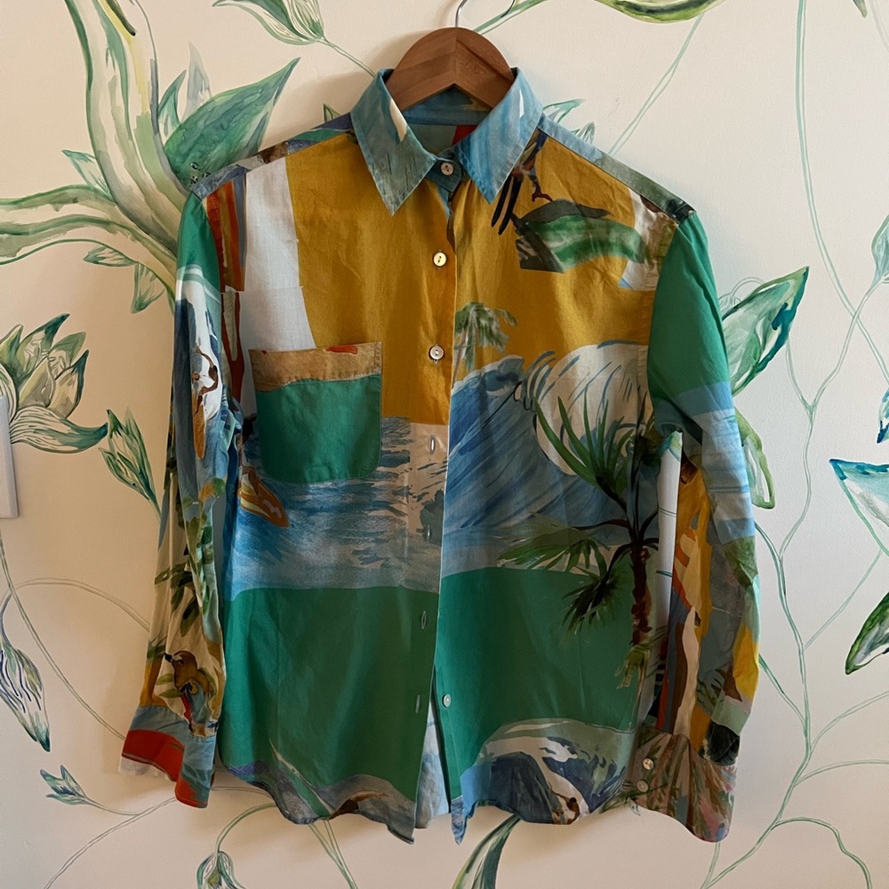 G. Kero women’s watercolor Printed Button-Up Shirt in Green and Mustard